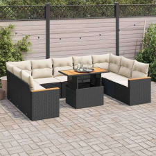 vidaXL 10 részes fekete polyrattan akácfa kerti ülőgarnitúra párnákkal kerti bútor