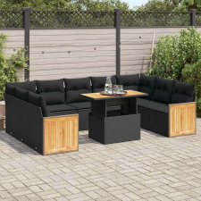 vidaXL 10 részes fekete polyrattan akácfa kerti ülőgarnitúra párnákkal kerti bútor