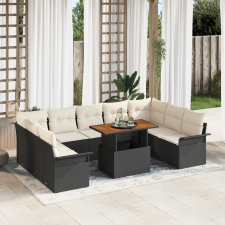 vidaXL 10 Részes Kerti Étkező Szett Párnákkal Fekete Poly Rattan Akáciával kerti bútor