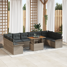 vidaXL 11 darabos kerti étkező garnitúra párnákkal, szürke, poly rattan, akácia kerti bútor