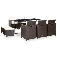 vidaXL 11-részes barna kültéri polyrattan étkezőszett párnákkal kerti bútor