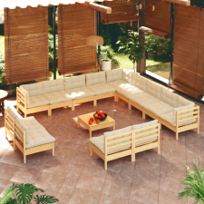 vidaXL 14 részes tömör fenyőfa kerti ülőgarnitúra krémszínű párnákkal kerti bútor