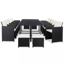 vidaXL 15 részes fekete polyrattan kültéri étkezőszett párnákkal kerti bútor