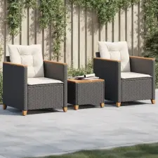 vidaXL 3 részes fekete polyrattan és akácfa bisztrószett párnákkal kerti bútor