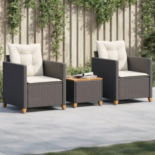 vidaXL 3 részes fekete polyrattan és akácfa bisztrószett párnákkal kerti bútor