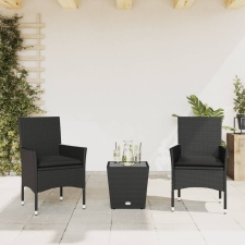 vidaXL 3 részes fekete polyrattan/üveg bisztrógarnitúra párnával kerti bútor