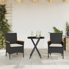 vidaXL 3 részes fekete polyrattan/üveg bisztrógarnitúra párnával kerti bútor