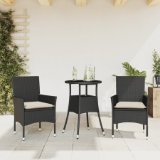 vidaXL 3 részes fekete polyrattan/üveg kerti étkezőgarnitúra párnákkal kerti bútor