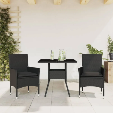 vidaXL 3 részes fekete polyrattan/üveg kerti étkezőgarnitúra párnákkal kerti bútor