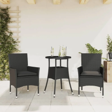 vidaXL 3 részes fekete polyrattan/üveg kerti étkezőgarnitúra párnákkal kerti bútor