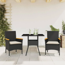 vidaXL 3 részes fekete polyrattan/üveg kerti étkezőgarnitúra párnákkal kerti bútor