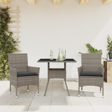 vidaXL 3 részes szürke polyrattan/üveg kerti étkezőgarnitúra párnával kerti bútor