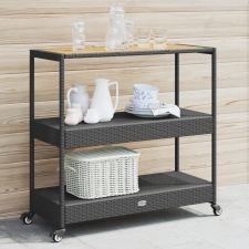 vidaXL 3 szintes fekete polyrattan és tömör akácfa zsúrkocsi bútor