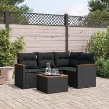 vidaXL 5 részes fekete polyrattan kerti kanapészett párnákkal kerti bútor