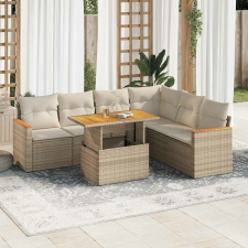 vidaXL 7 részes bézs polyrattan akácfa kerti ülőgarnitúra párnákkal kerti bútor