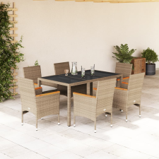 vidaXL 7 részes bézs polyrattan/üveg kerti étkezőgarnitúra párnákkal kerti bútor