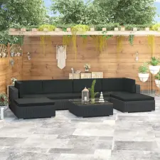 vidaXL 7-részes fekete polyrattan kerti társalgószett párnákkal kerti bútor