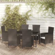 vidaXL 7 részes fekete polyrattan kültéri étkezőszett párnákkal kerti bútor