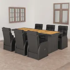 vidaXL 7-részes fekete polyrattan kültéri étkezőszett párnákkal kerti bútor