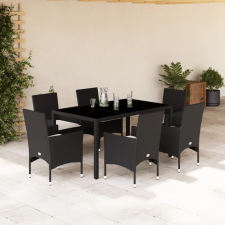 vidaXL 7 részes fekete polyrattan/üveg kerti étkezőgarnitúra párnával kerti bútor