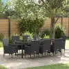 vidaXL 9 Darabos Kerti Étkezősor Párnákkal Fekete Poli Rattan, Kerti Asztal Fekete 200x80x73 cm Edzett Üveg