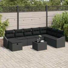 vidaXL 9 darabos kerti kanapészett párnákkal fekete poli rattanból kerti bútor