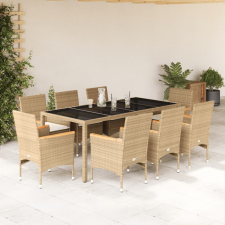 vidaXL 9 részes bézs polyrattan/üveg kerti étkezőgarnitúra párnákkal kerti bútor
