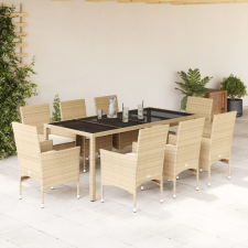 vidaXL 9 részes bézs polyrattan/üveg kerti étkezőgarnitúra párnákkal kerti bútor