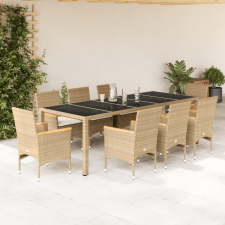 vidaXL 9 részes bézs polyrattan/üveg kerti étkezőgarnitúra párnákkal kerti bútor