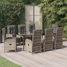 vidaXL 9 részes fekete és szürke polyrattan kerti étkezőszett párnával kerti bútor