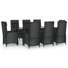 vidaXL 9 részes fekete polyrattan kerti étkezőgarnitúra párnákkal (3185196) kerti bútor