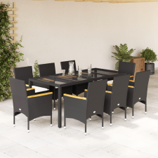 vidaXL 9 részes fekete polyrattan/üveg kerti étkezőgarnitúra párnákkal kerti bútor