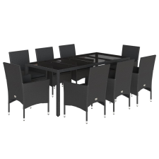 vidaXL 9 részes fekete polyrattan/üveg kerti étkezőgarnitúra párnákkal (3278548) kerti bútor