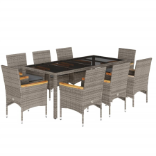 vidaXL 9 részes szürke polyrattan/üveg kerti étkezőgarnitúra párnával (3278656) kerti bútor