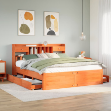 vidaXL barna tömör fenyőfa könyvespolcos ágy matrac nélkül 180 x 200cm ágy és ágykellék