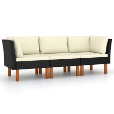 vidaXL fekete 3 személyes polyrattan kerti kanapé párnákkal (3059729) kerti bútor
