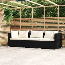 vidaXL fekete háromszemélyes polyrattan kanapé párnákkal kerti bútor