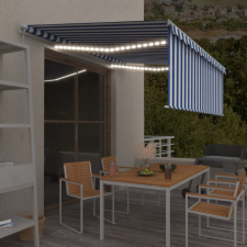 vidaXL Kék és fehér LED-es kézzel kihúzható napellenző redőnnyel 4x3 m kerti bútor