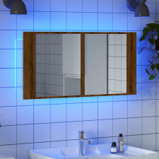 vidaXL kézműves tölgy szerelt fa tükrösszekrény LED-del 90x12x45 cm fürdőszoba bútor