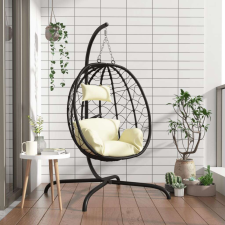 vidaXL krémfehér polyrattan és acél lógó tojásszék párnával kerti bútor