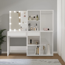 vidaXL magasfényű fehér fa LED-es fésülködőasztal 2 szekrénnyel bútor