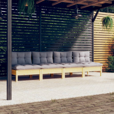 vidaXL négy személyes tömör fenyőfa kerti kanapé szürke párnákkal kerti bútor