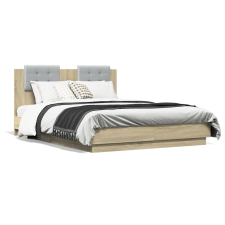 vidaXL sonoma tölgy színű ágykeret fejtámlával és LED-ekkel 135x190 cm ágy és ágykellék