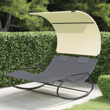 vidaXL szürke-krémszínű kétszemélyes textilén napozóágy napellenzővel kerti bútor