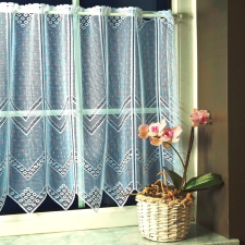 Vitrage Vitrázs függöny, cakkos-gombos fehér jacquard csipke, 45 és 60 cm magas lakástextília