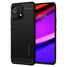  Xiaomi Mi 11, Szilikon tok, Spigen Rugged Armor, karbon minta, fekete tok és táska