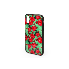 YOOUP Üveges hátlappal rendelkezó telefontok rózsa mintával zöld háttérrel iPhone X/XS tok és táska