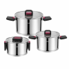 Zass 3 darabos edénykészlet fedővel Zass Gourmet ZG-SCS 04, 16x9,5 cm/1,9 L, 20x11,5 cm/3,6 L, 24x13,5 cm/6,1 L, Rozsdamentes acél, Összecsukható bakelit fogantyúk, Rozsdamentes