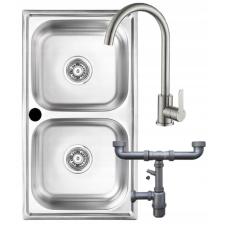  Zlewozmywak wpuszczany dwukomorowy 78x43 cm stalowy z baterią i syfonem mosogatótálca