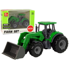 Zöld mezőgazdasági traktor tolólapáttal autópálya és játékautó